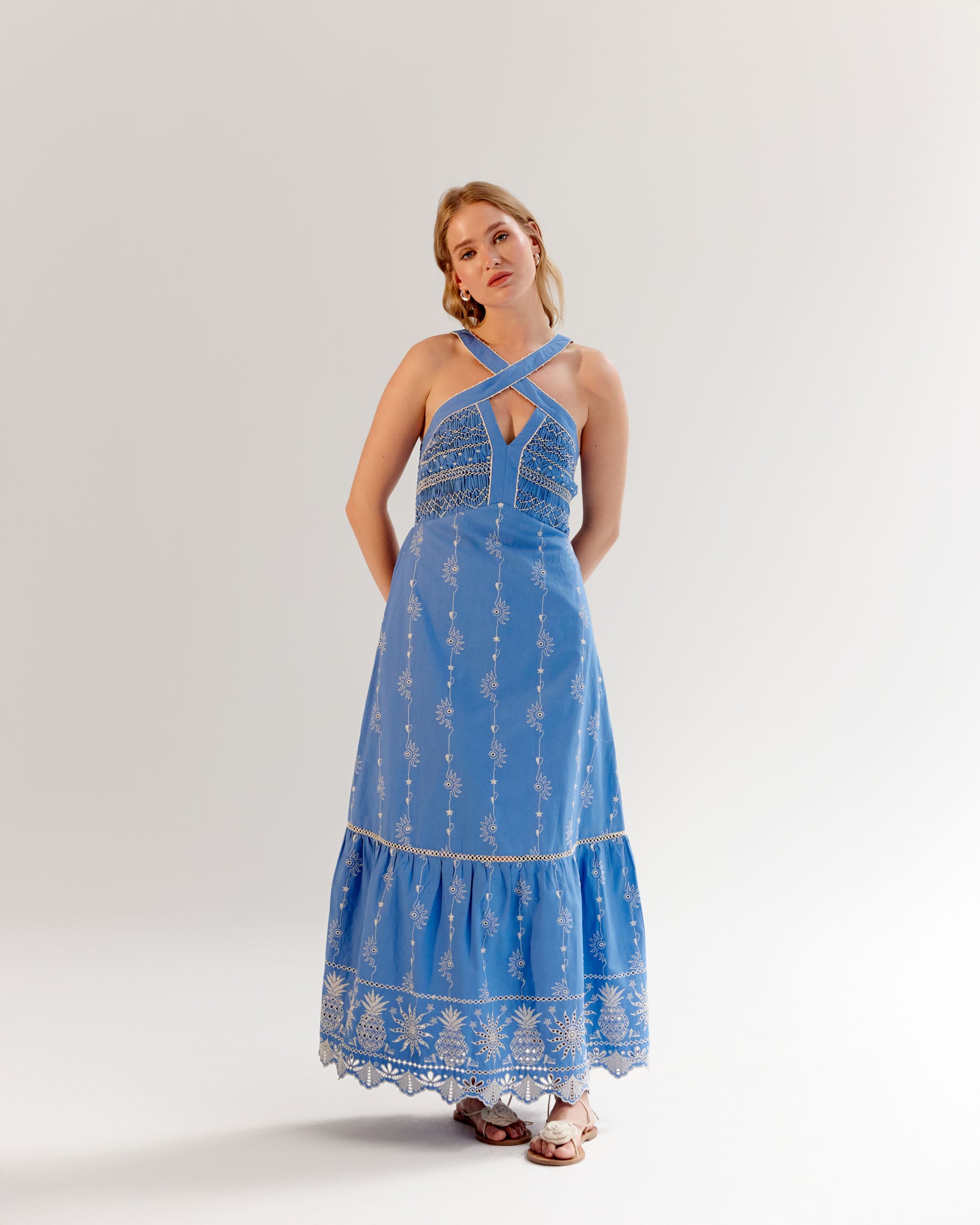 50 shades of blue color dress Isle Of Chic Halter Maxi Dress Blue