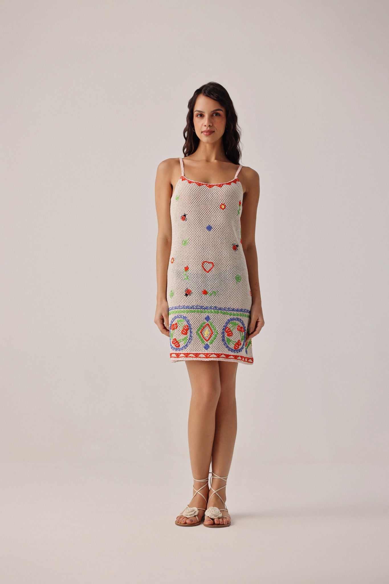 rare london crochet trim bardot dress Yumi Beige Stripe Crochet Knit Bardot Midi Dress - S