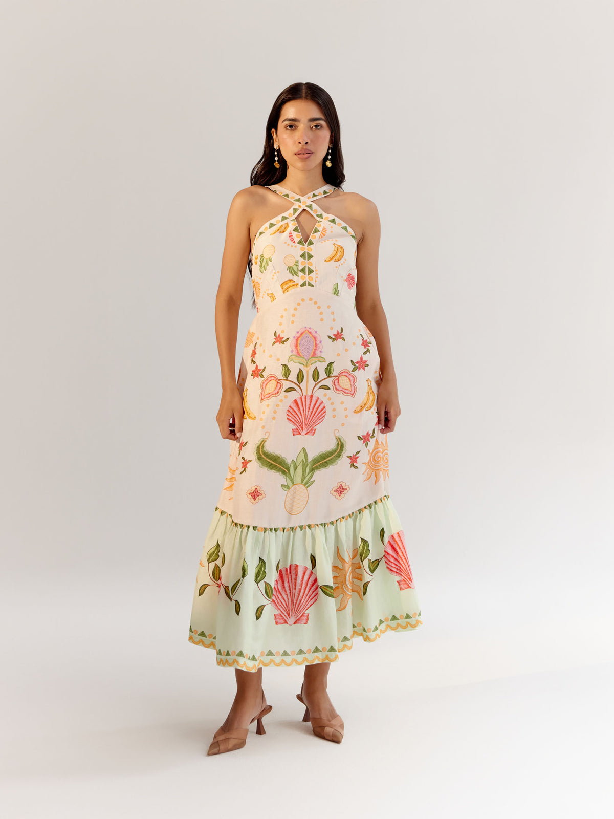 Seashell Print Aida Halter Neck Maxi Dress | Beach Maxi Dress - NOIB