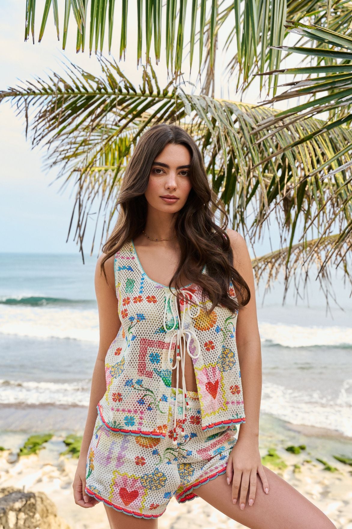 Seascape Print Ziva Shorts | High-Waist Crochet Shorts - NOIB