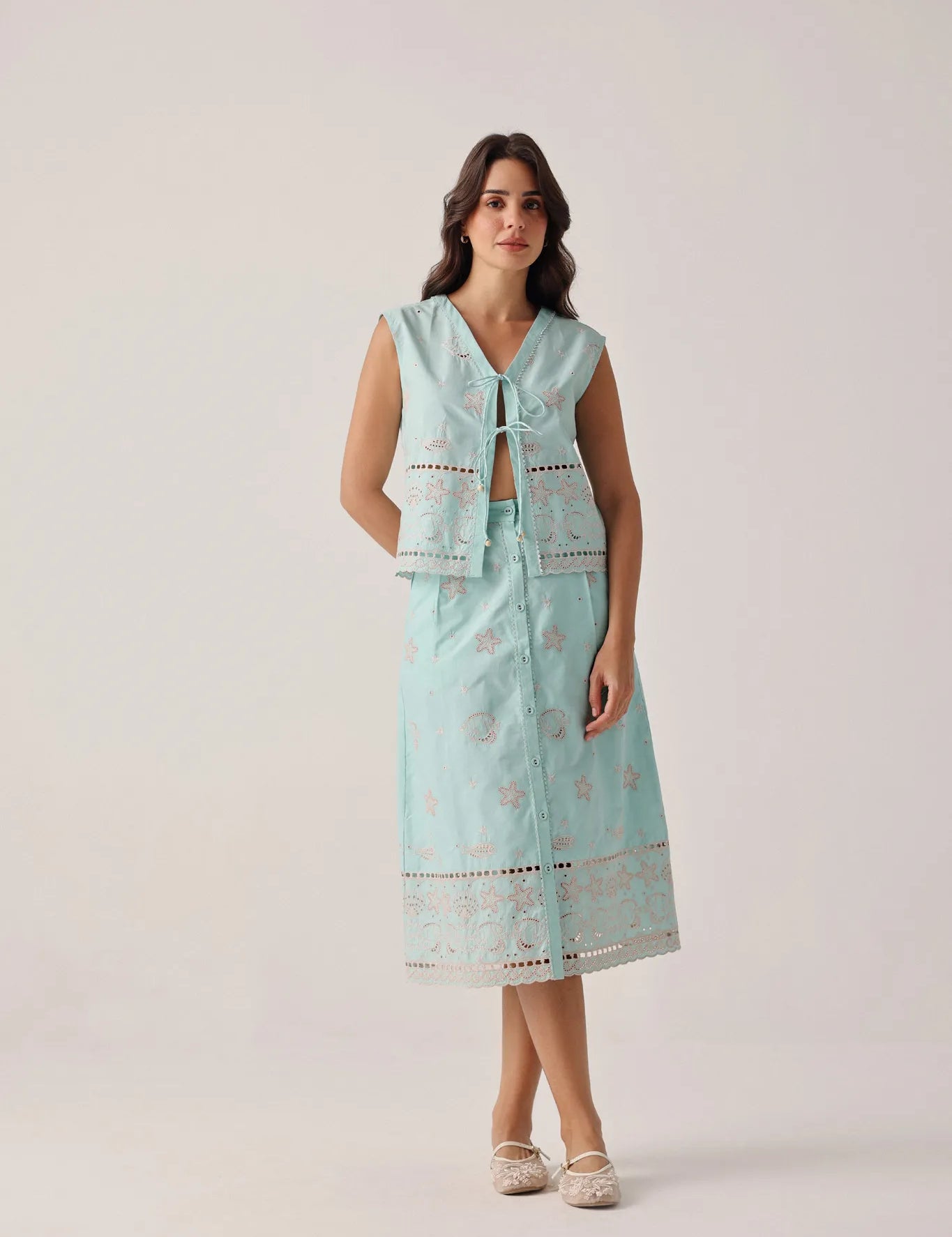 Aqua Print Giza Cotton Kaia Button-down Skirt - NOIB