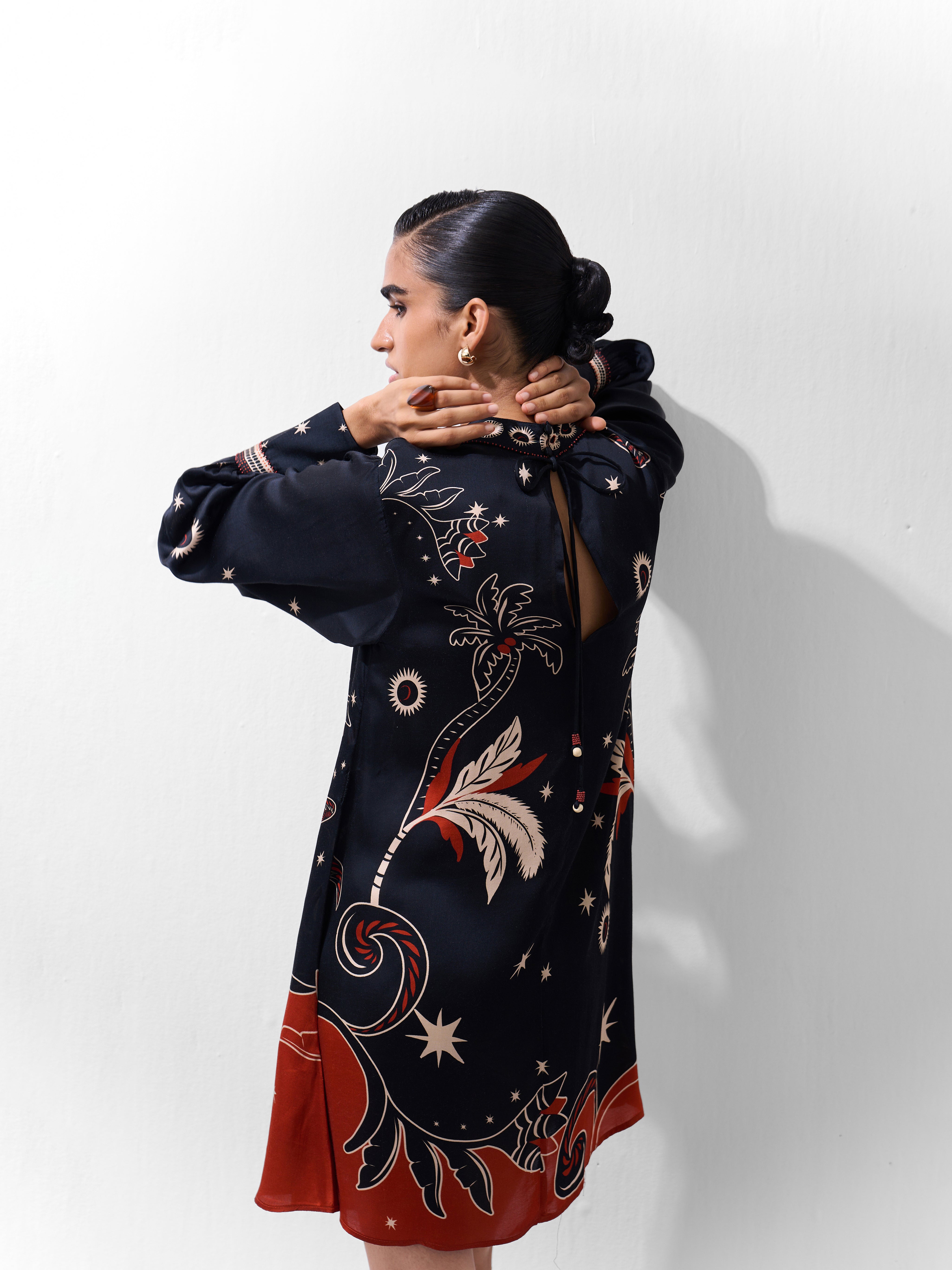 Amber Mini Dress – Nocturnal Jungle Print, Beaded Detail | NOIB