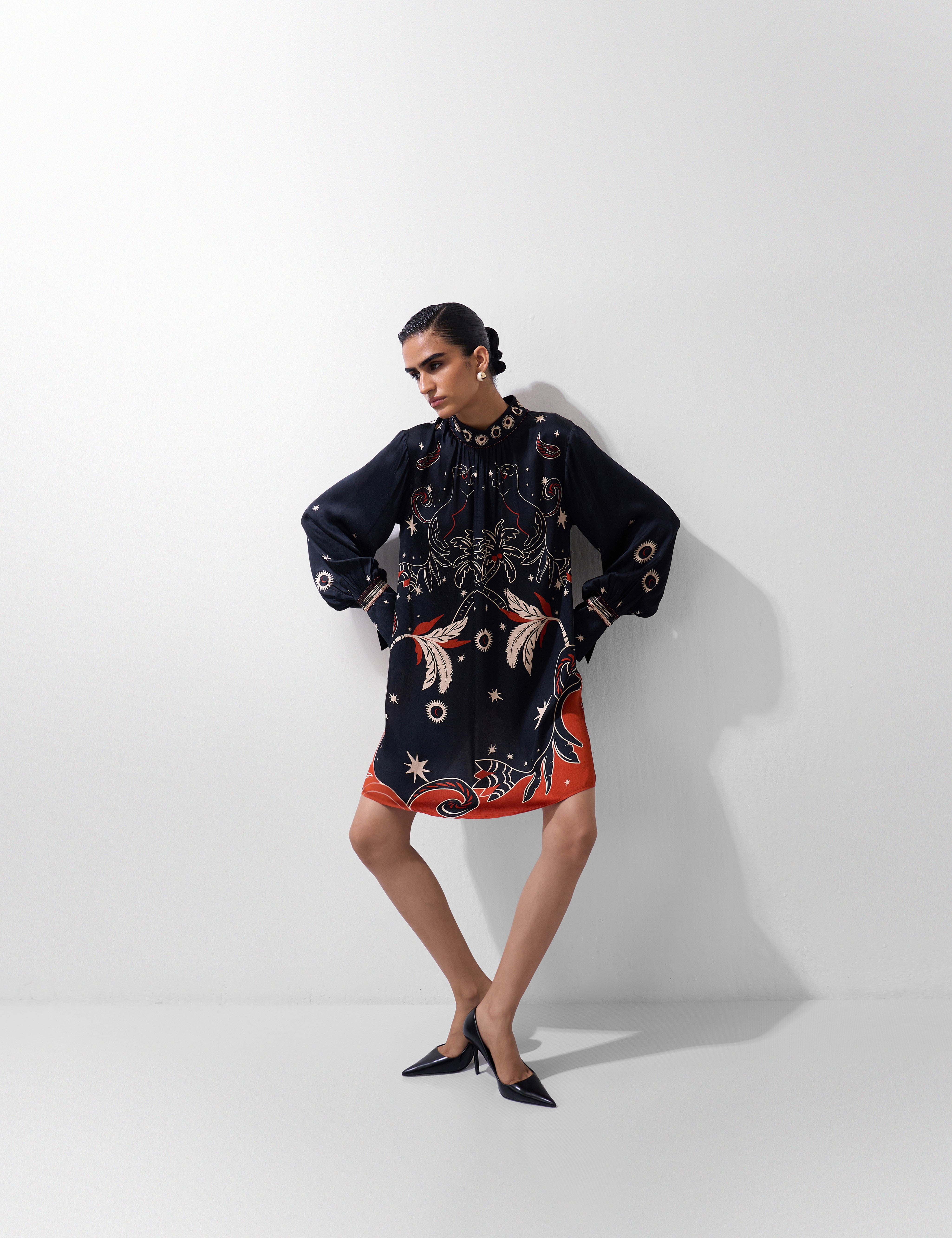 Amber Mini Dress – Nocturnal Jungle Print, Beaded Detail | NOIB