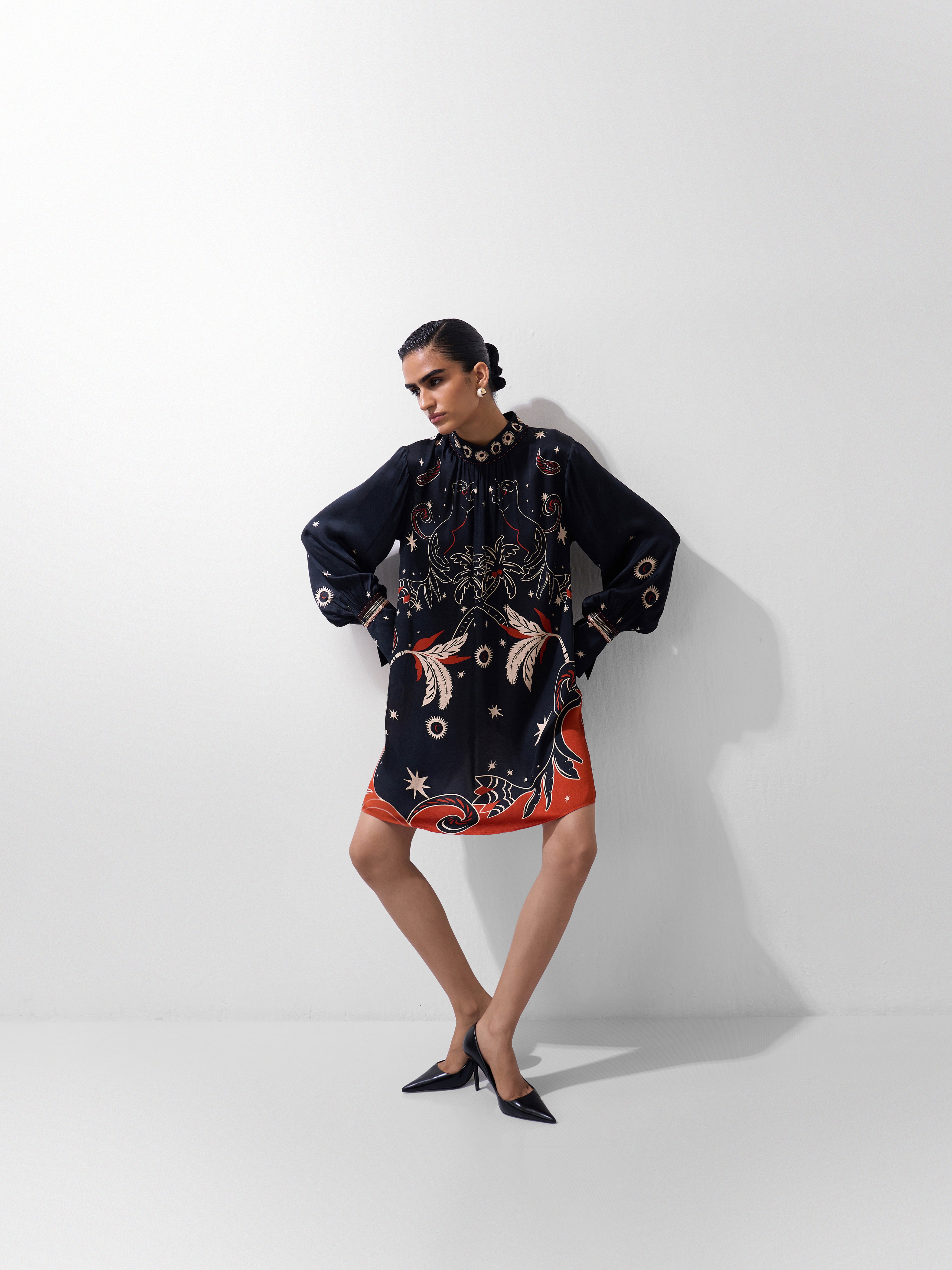 Amber Mini Dress – Nocturnal Jungle Print, Beaded Detail | NOIB
