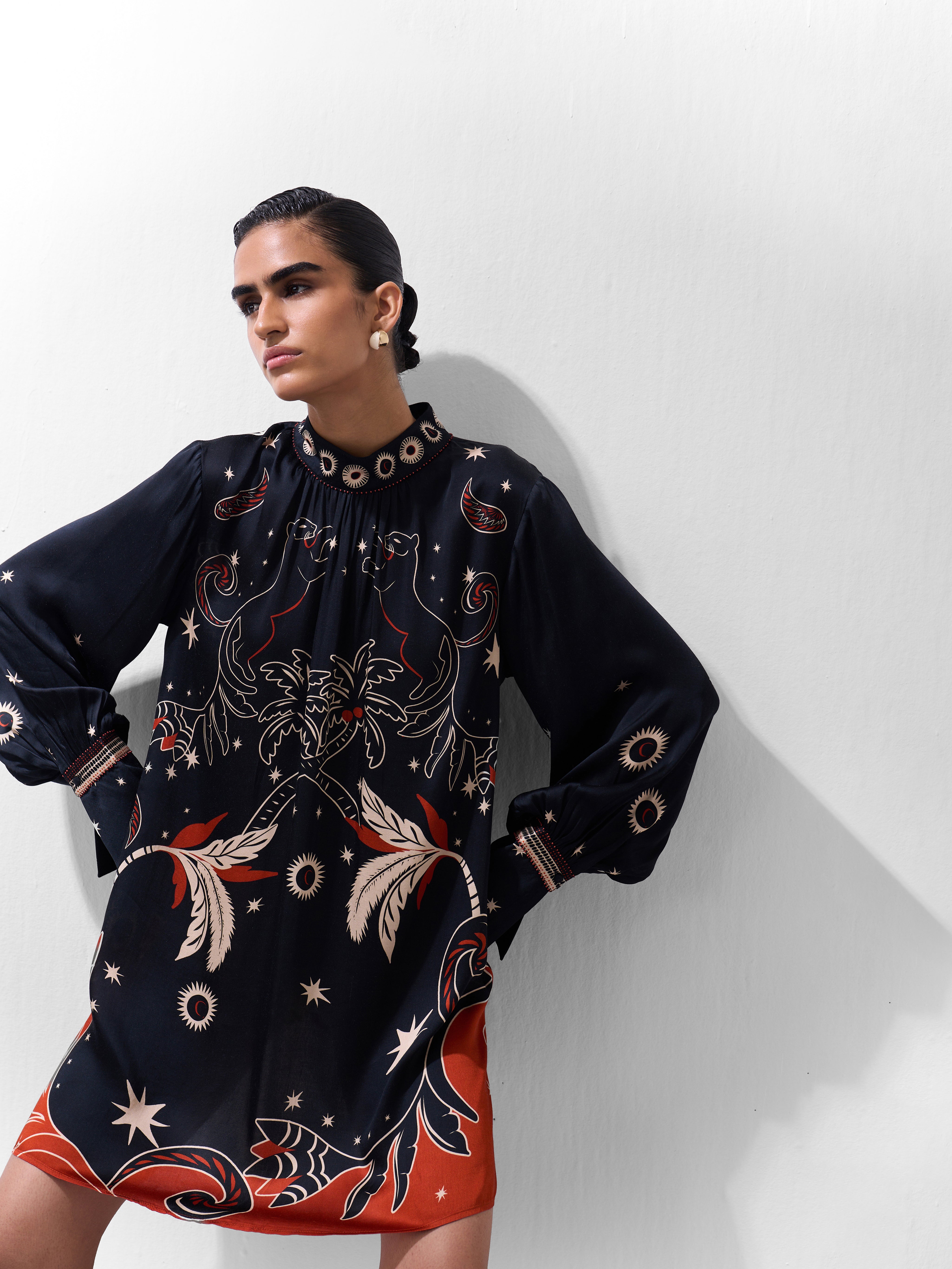 Amber Mini Dress – Nocturnal Jungle Print, Beaded Detail | NOIB