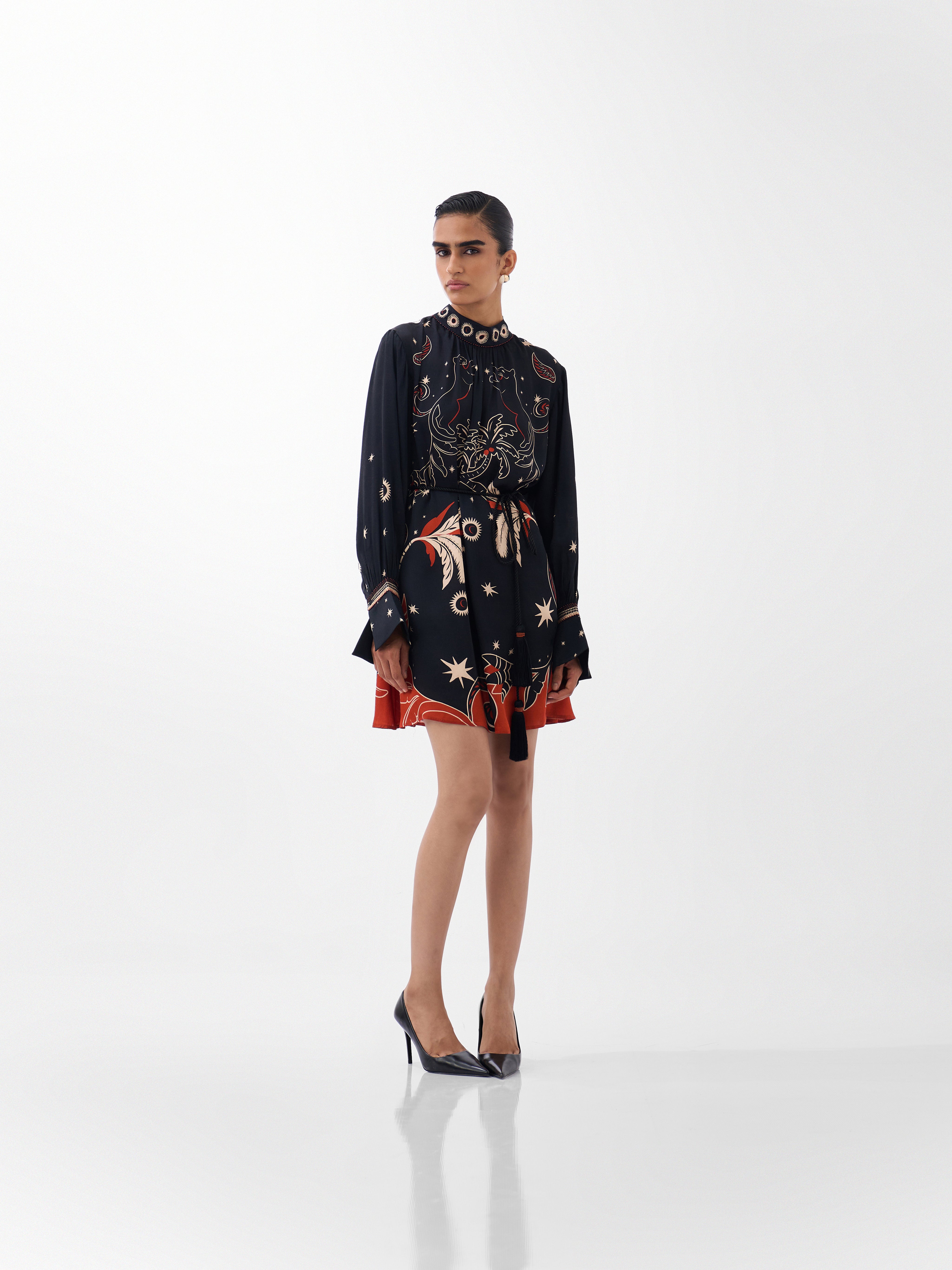 Amber Mini Dress – Nocturnal Jungle Print, Beaded Detail | NOIB