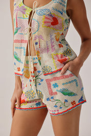 Seascape Print Ziva Shorts | High-Waist Crochet Shorts - NOIB